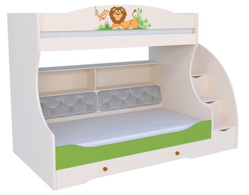 Детская двухъярусная кровать "Джунгли зовут" под матрас 80-190с комодом, тумбой - ступеньками и мягкой спинкой на нижнем ярусе